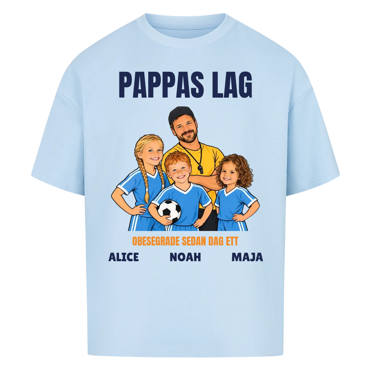 Pappas lag t-shirt med ditt foto som tecknad tränare och barnens namn. Personlig present till pappa