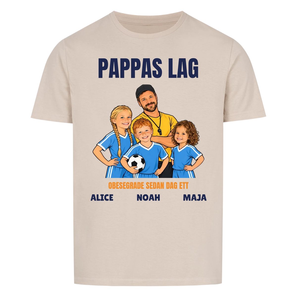 Pappas lag t-shirt med ditt foto som tecknad tränare och barnens namn. Personlig present till pappa