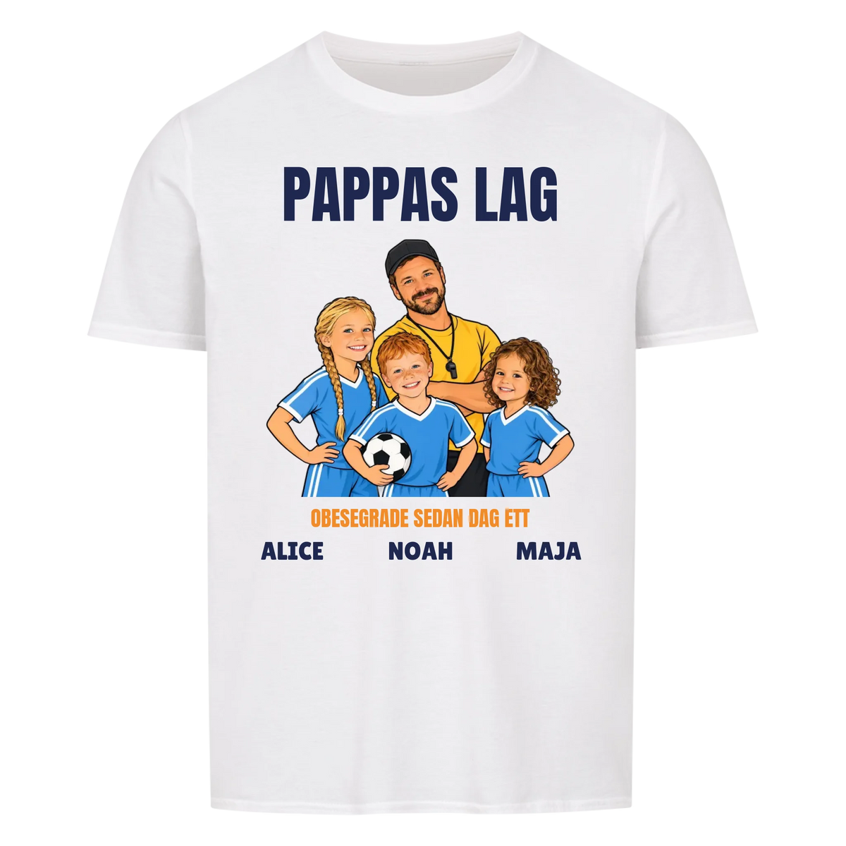 Pappas lag t-shirt med ditt foto som tecknad tränare och barnens namn. Personlig present till pappa