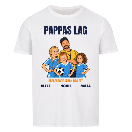 Pappas lag t-shirt med ditt foto som tecknad tränare och barnens namn. Personlig present till pappa