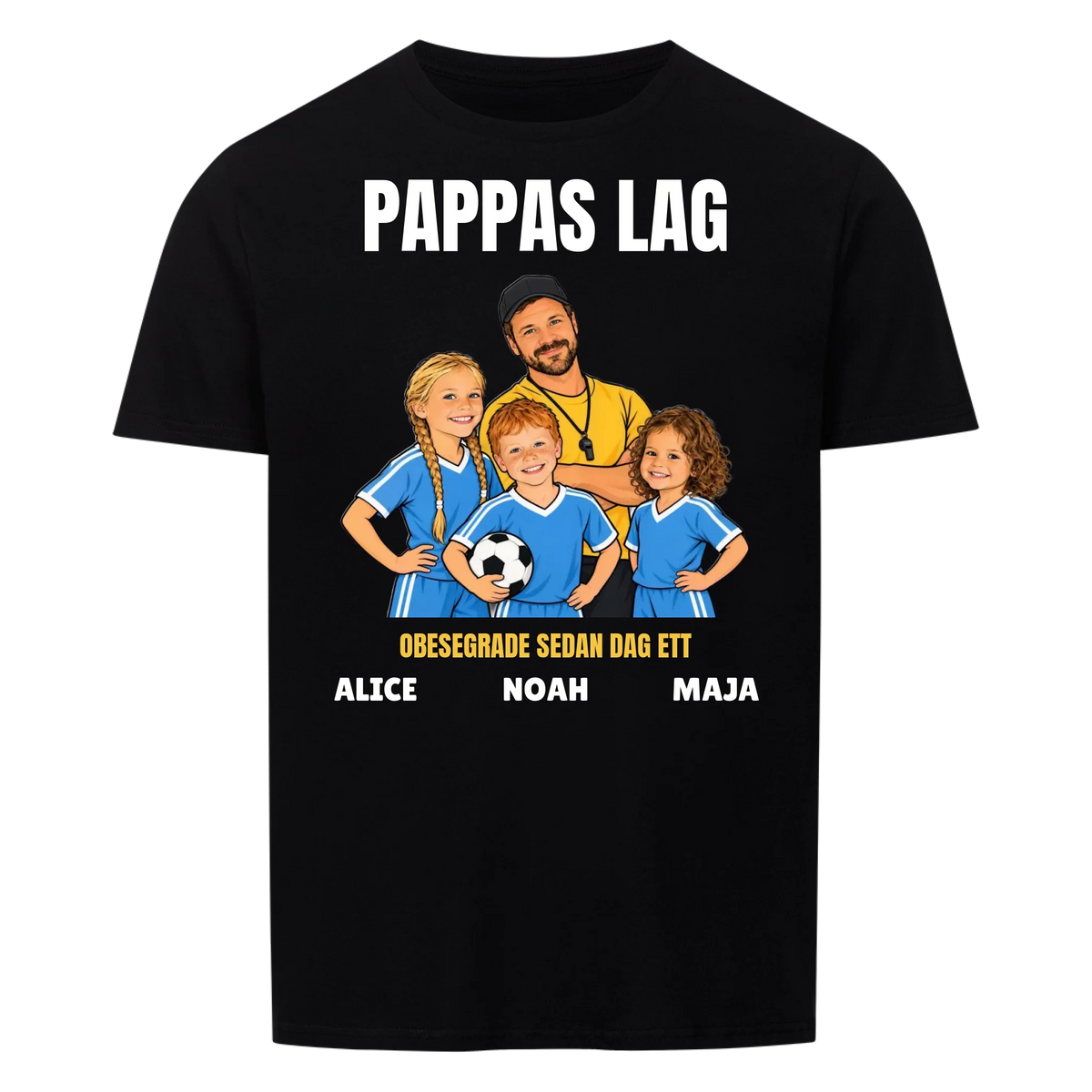 Pappas lag t-shirt med ditt foto som tecknad tränare och barnens namn. Personlig present till pappa