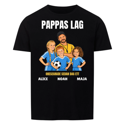 Pappas lag t-shirt med ditt foto som tecknad tränare och barnens namn. Personlig present till pappa