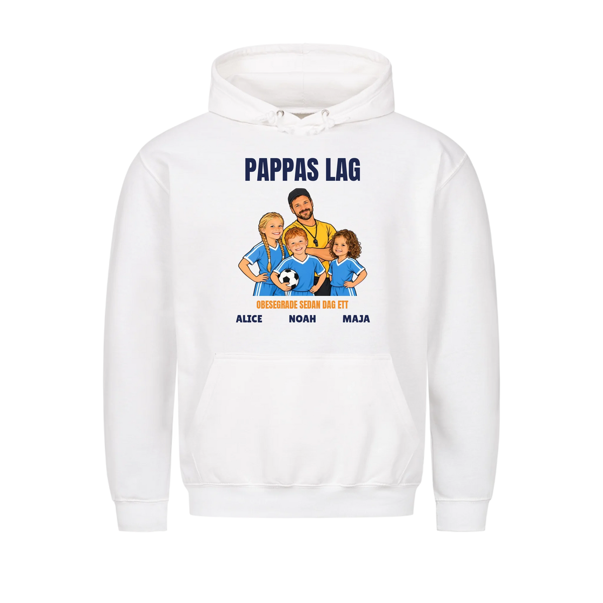 Pappas lag t-shirt med ditt foto som tecknad tränare och barnens namn. Personlig present till pappa