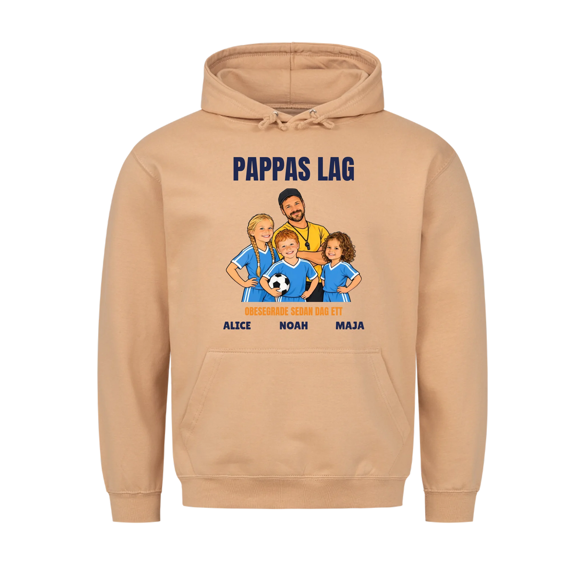 Pappas lag t-shirt med ditt foto som tecknad tränare och barnens namn. Personlig present till pappa