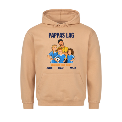 Pappas lag t-shirt med ditt foto som tecknad tränare och barnens namn. Personlig present till pappa