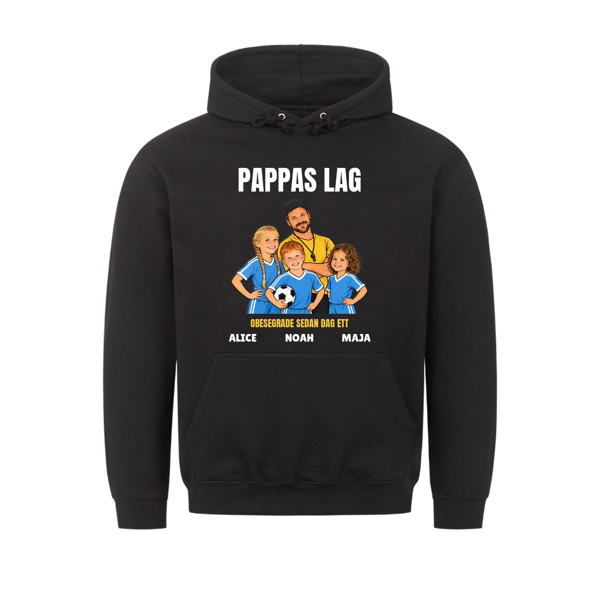 Pappas lag t-shirt med ditt foto som tecknad tränare och barnens namn. Personlig present till pappa