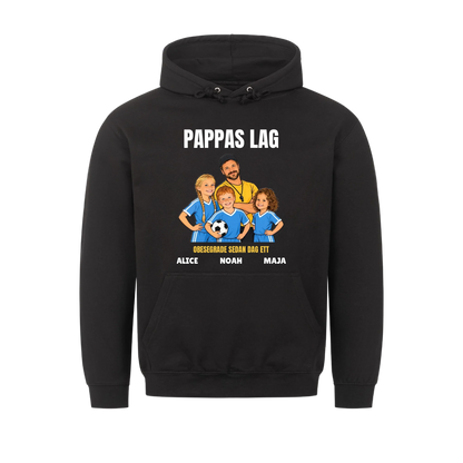 Pappas lag t-shirt med ditt foto som tecknad tränare och barnens namn. Personlig present till pappa