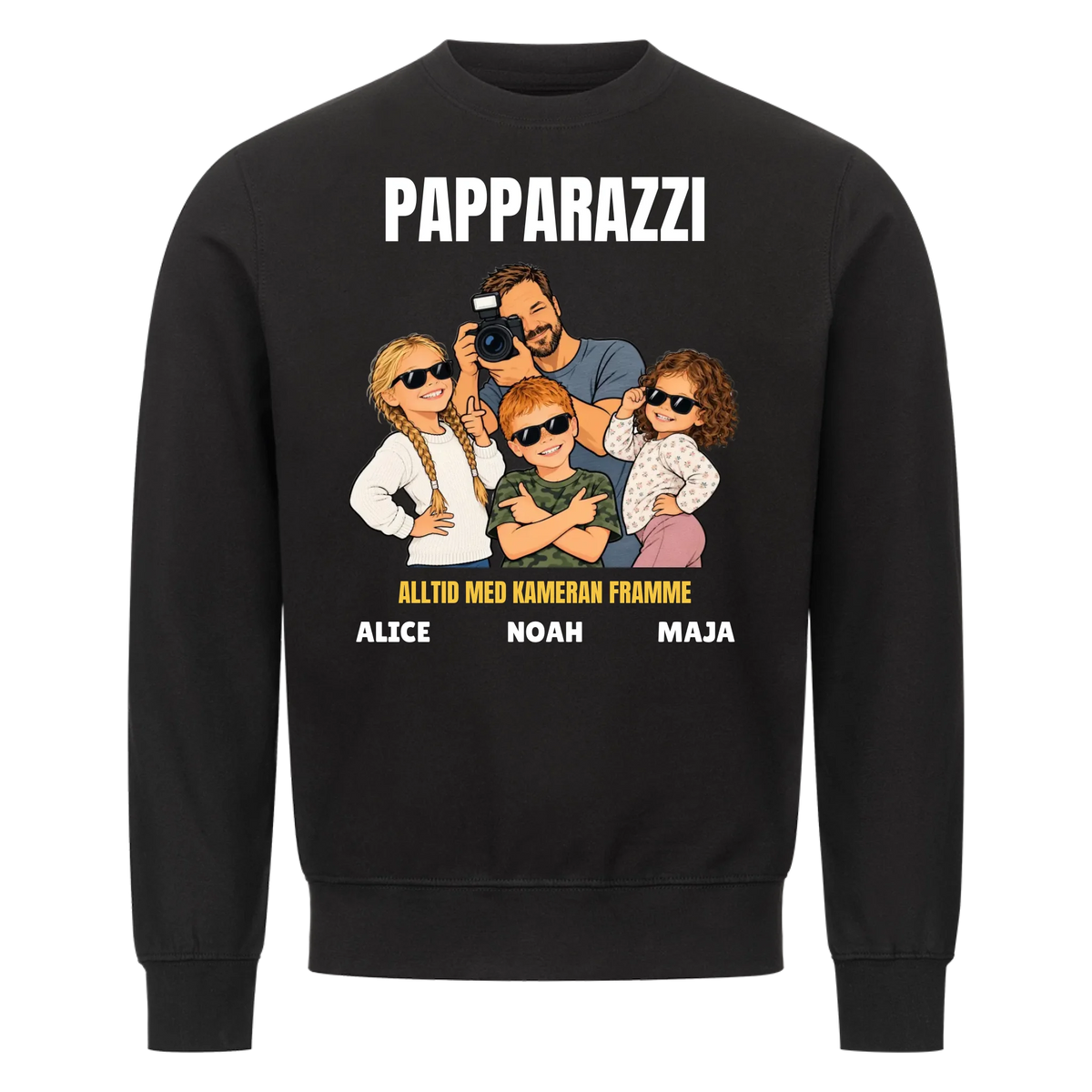 Papparazzi t-shirt med ditt foto som tecknad fotograf och barnens namn. Rolig present till pappa