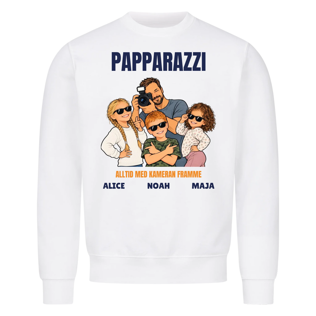 Papparazzi t-shirt med ditt foto som tecknad fotograf och barnens namn. Rolig present till pappa