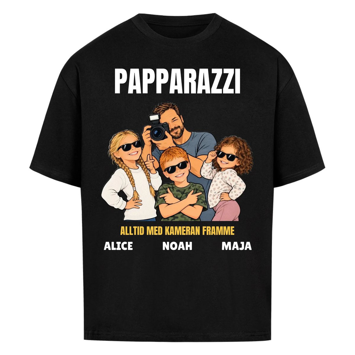 Papparazzi t-shirt med ditt foto som tecknad fotograf och barnens namn. Rolig present till pappa