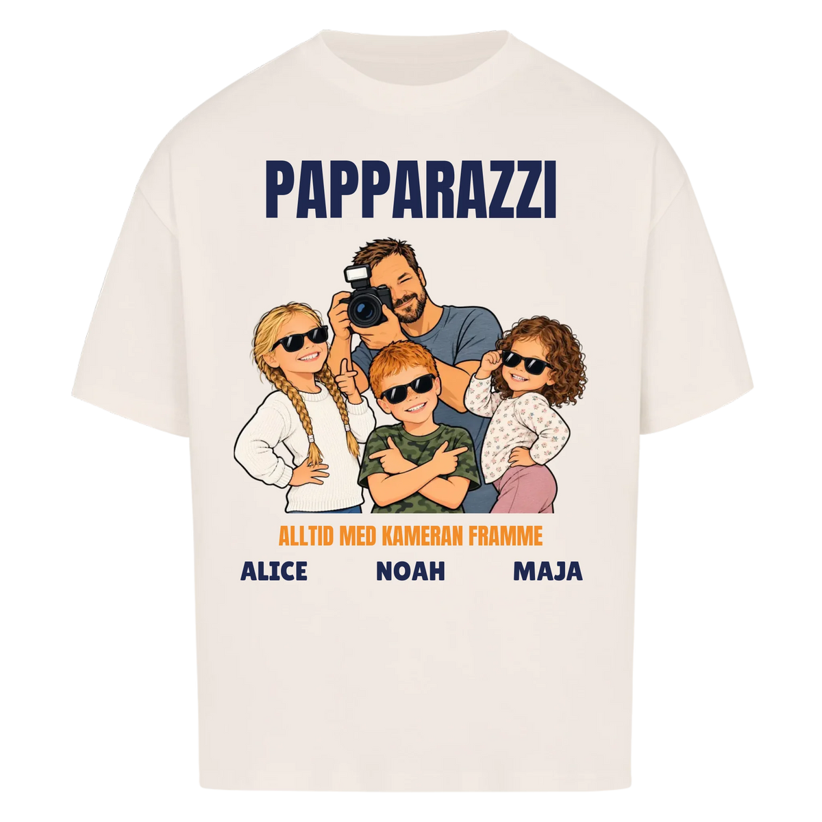Papparazzi t-shirt med ditt foto som tecknad fotograf och barnens namn. Rolig present till pappa