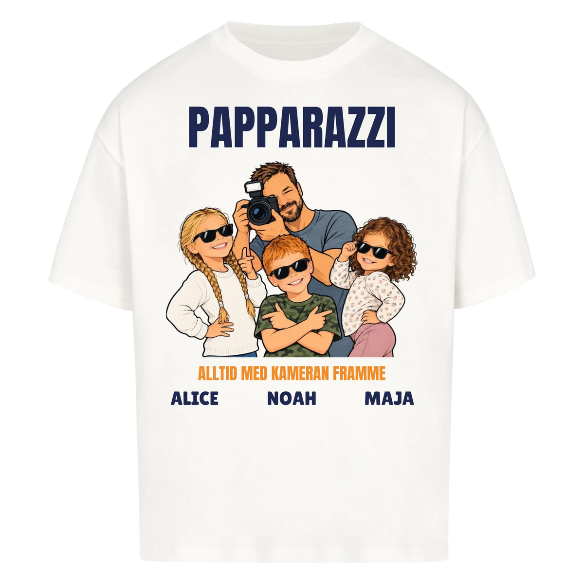 Papparazzi t-shirt med ditt foto som tecknad fotograf och barnens namn. Rolig present till pappa