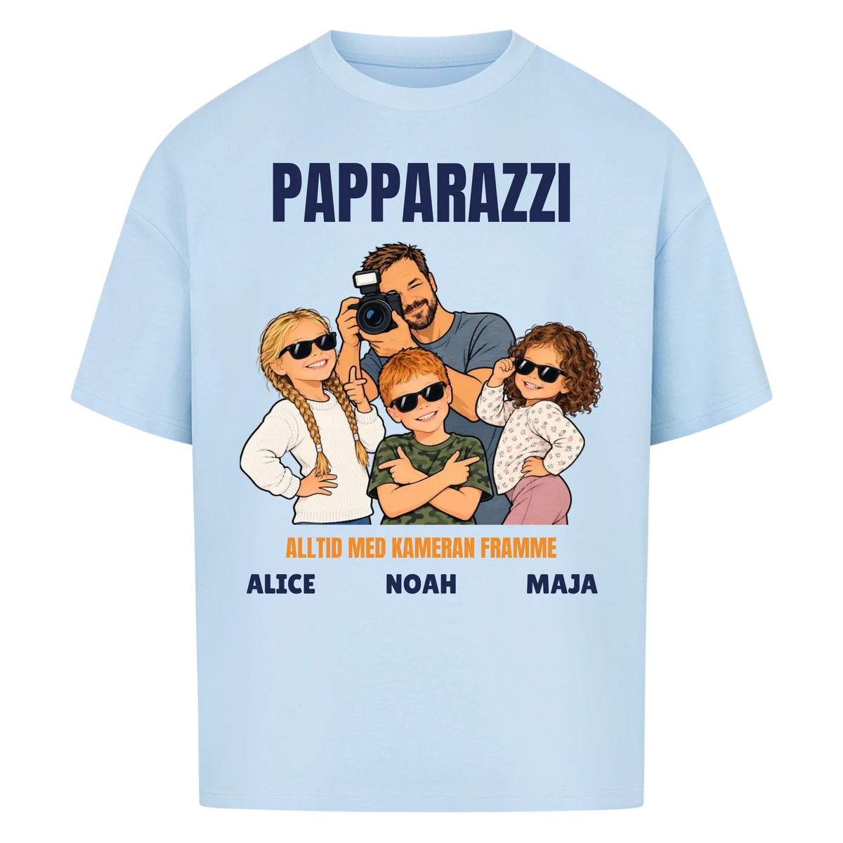 Papparazzi t-shirt med ditt foto som tecknad fotograf och barnens namn. Rolig present till pappa