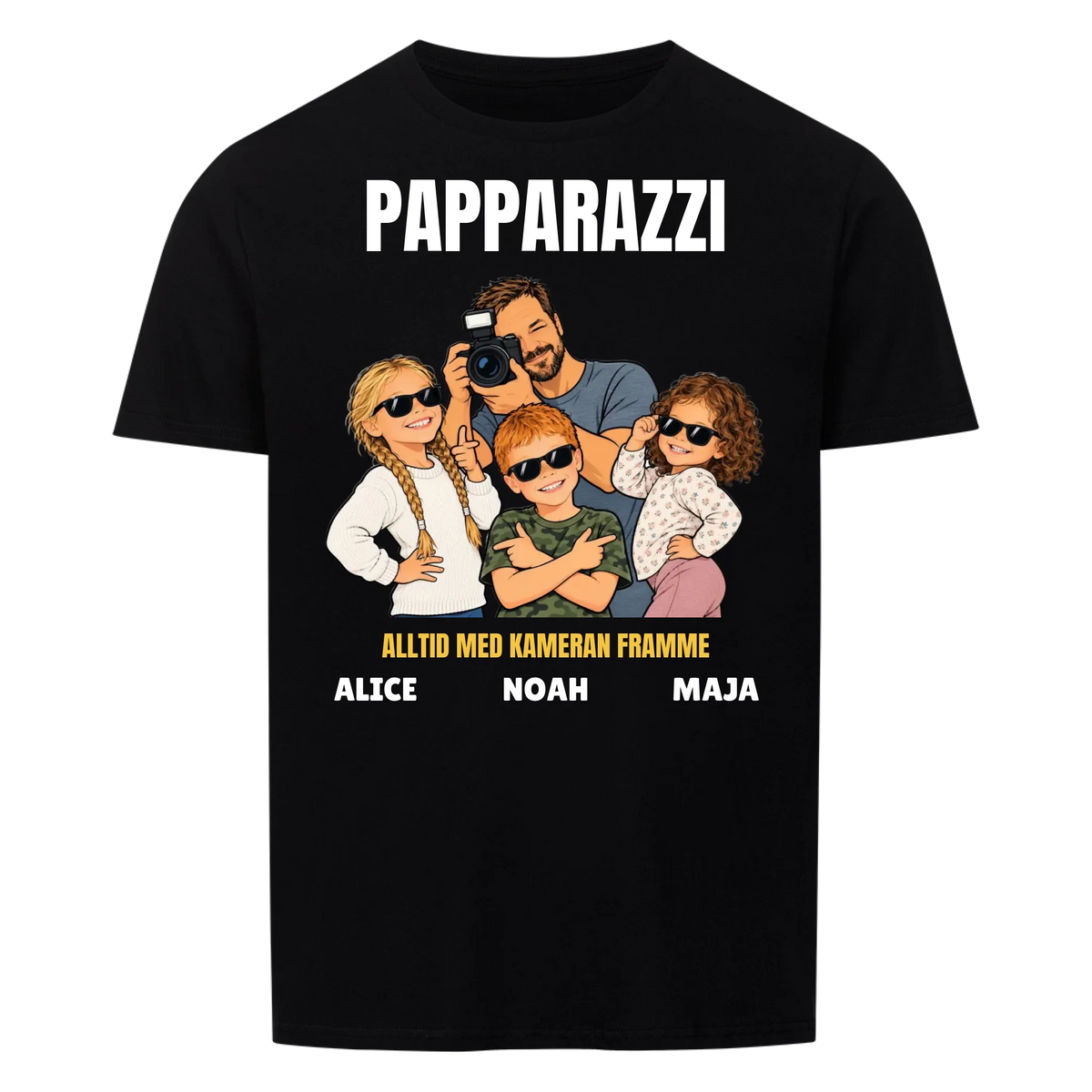 Papparazzi t-shirt med ditt foto som tecknad fotograf och barnens namn. Rolig present till pappa