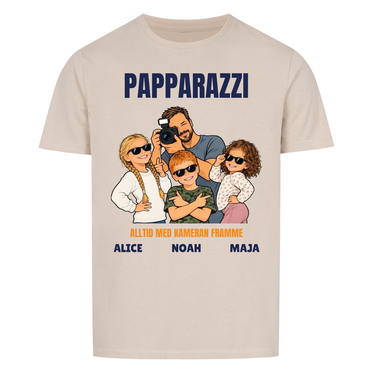 Papparazzi t-shirt med ditt foto som tecknad fotograf och barnens namn. Rolig present till pappa