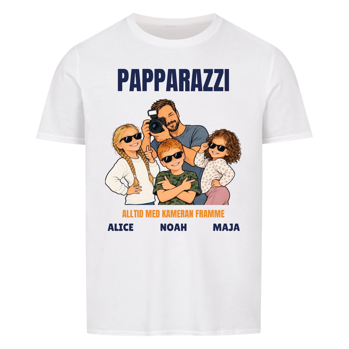 Papparazzi t-shirt med ditt foto som tecknad fotograf och barnens namn. Rolig present till pappa