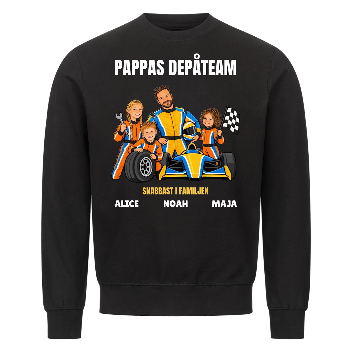 Pappas depåteam t-shirt med ditt foto som tecknad racerförare och barnens namn. Personlig present till pappa
