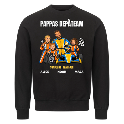 Pappas depåteam t-shirt med ditt foto som tecknad racerförare och barnens namn. Personlig present till pappa