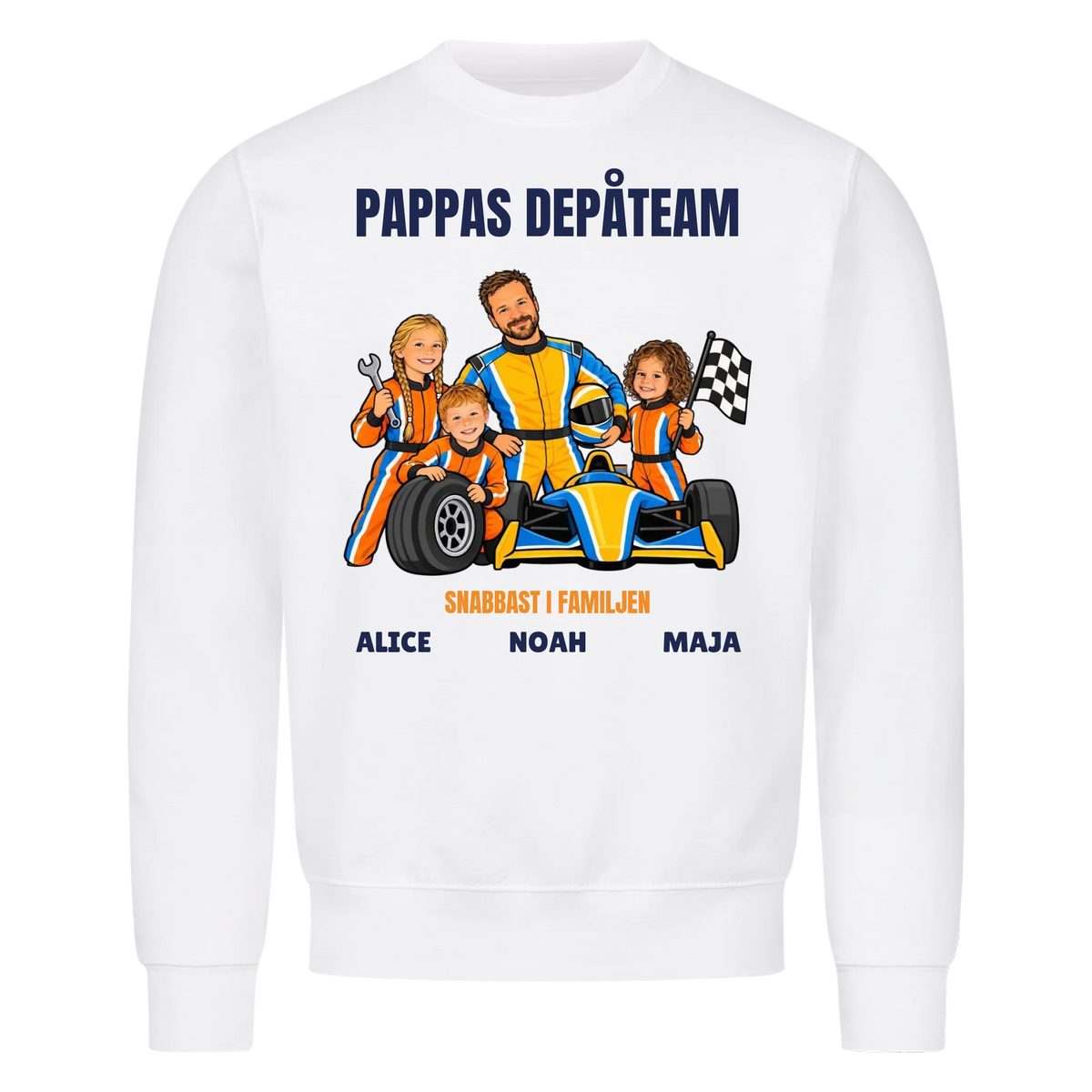 Pappas depåteam t-shirt med ditt foto som tecknad racerförare och barnens namn. Personlig present till pappa