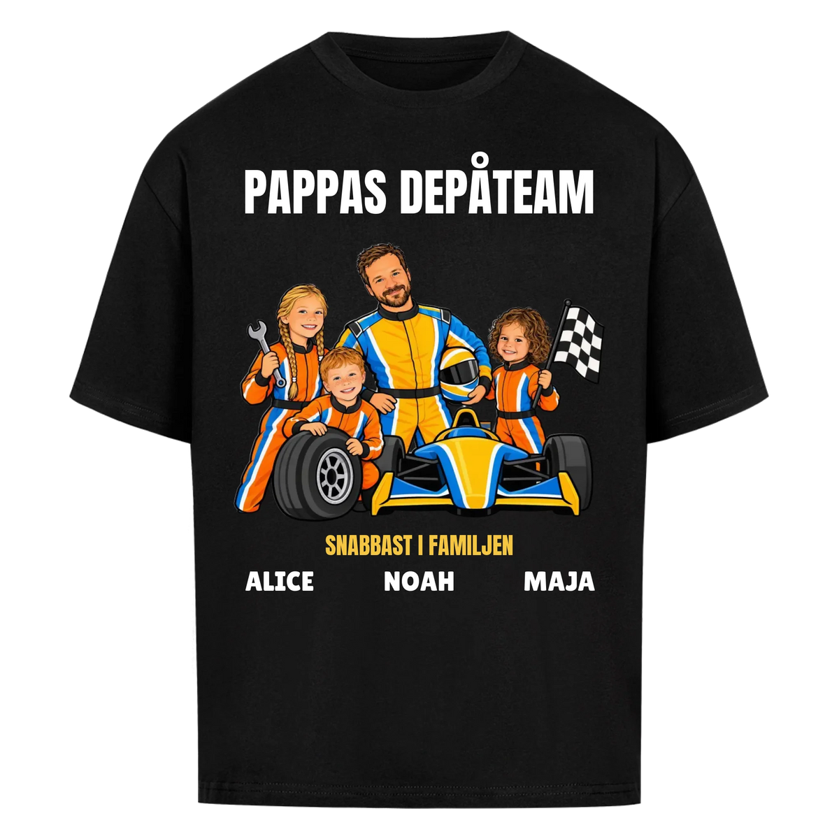 Pappas depåteam t-shirt med ditt foto som tecknad racerförare och barnens namn. Personlig present till pappa