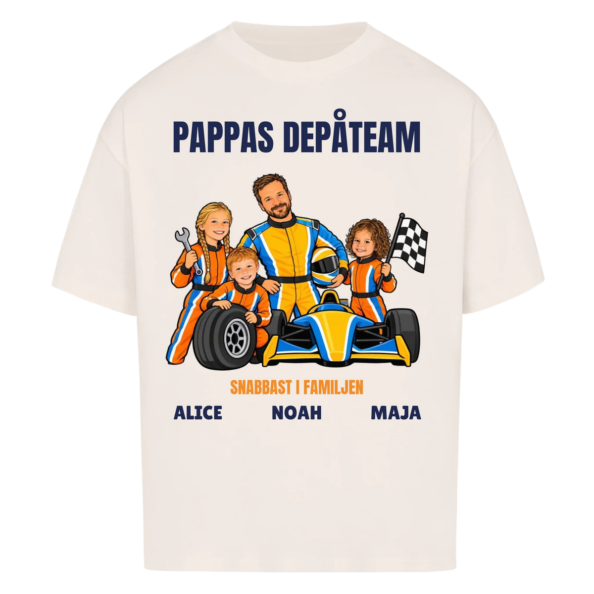 Pappas depåteam t-shirt med ditt foto som tecknad racerförare och barnens namn. Personlig present till pappa