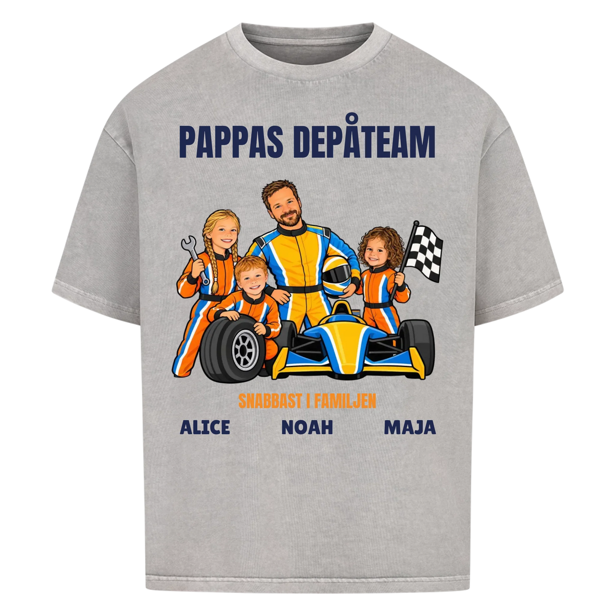 Pappas depåteam t-shirt med ditt foto som tecknad racerförare och barnens namn. Personlig present till pappa