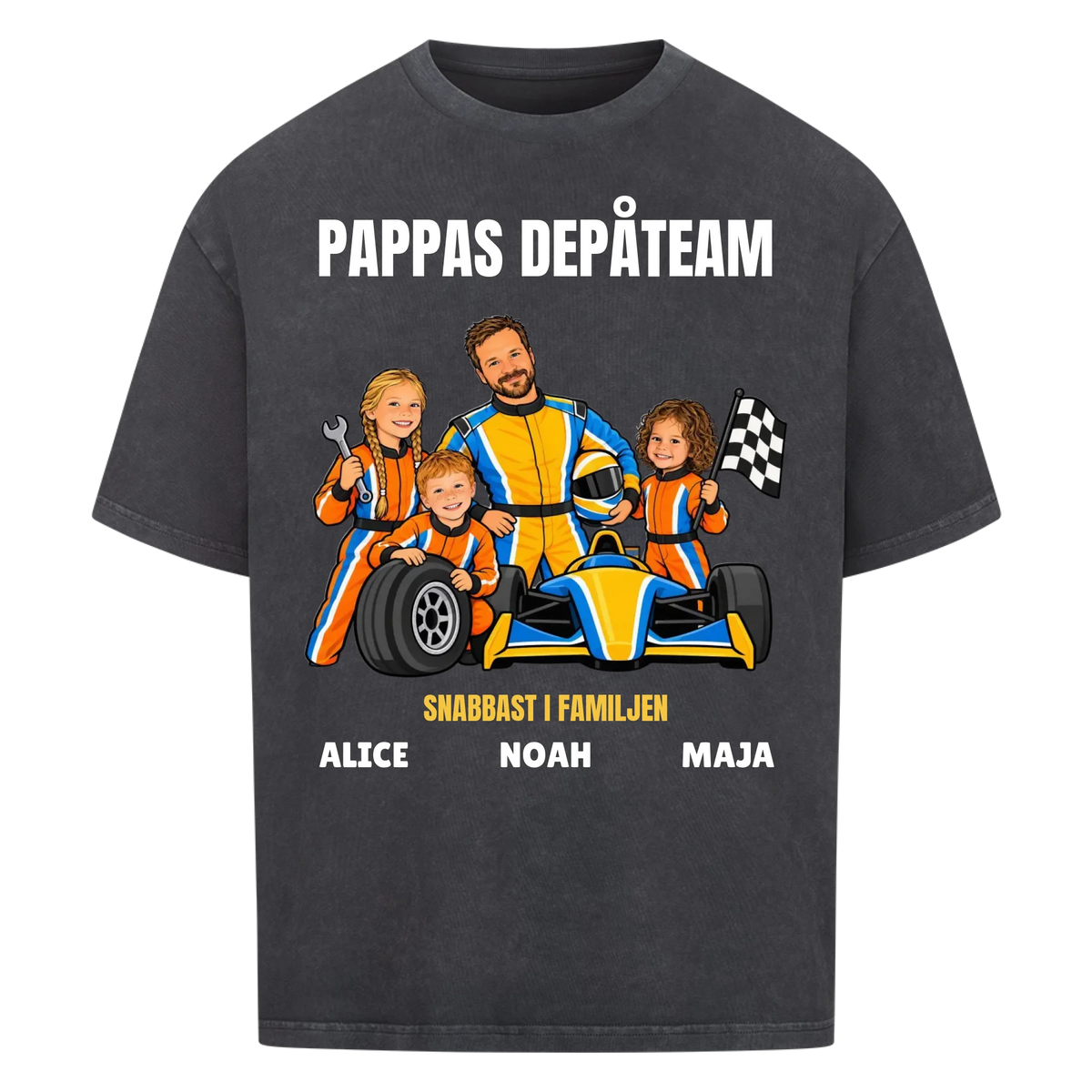 Pappas depåteam t-shirt med ditt foto som tecknad racerförare och barnens namn. Personlig present till pappa
