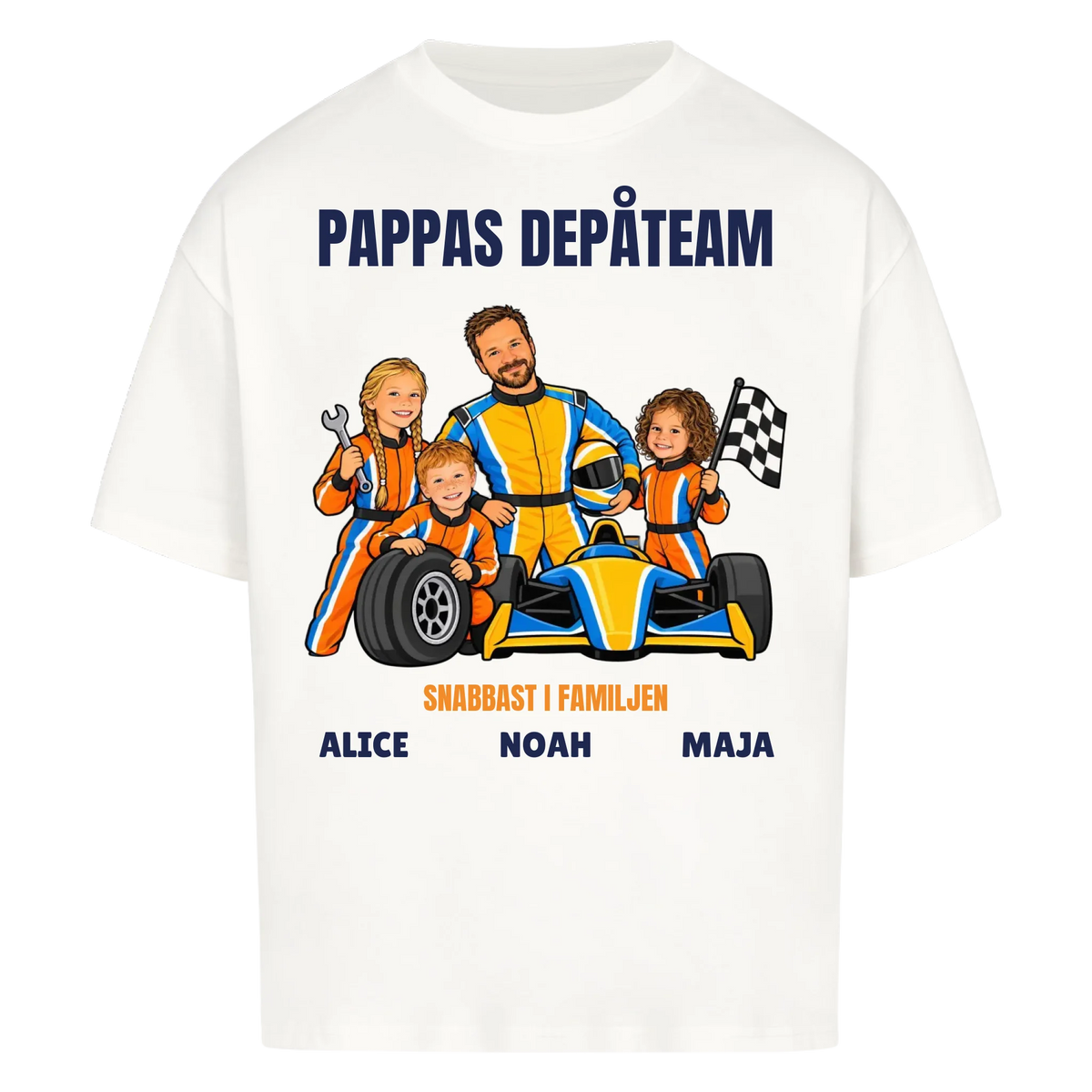 Pappas depåteam t-shirt med ditt foto som tecknad racerförare och barnens namn. Personlig present till pappa