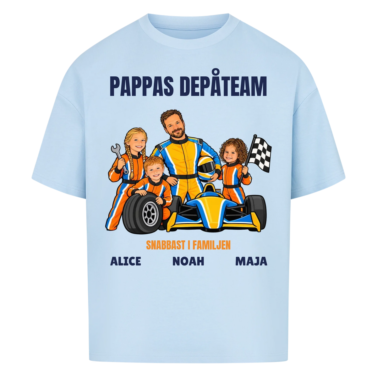Pappas depåteam t-shirt med ditt foto som tecknad racerförare och barnens namn. Personlig present till pappa