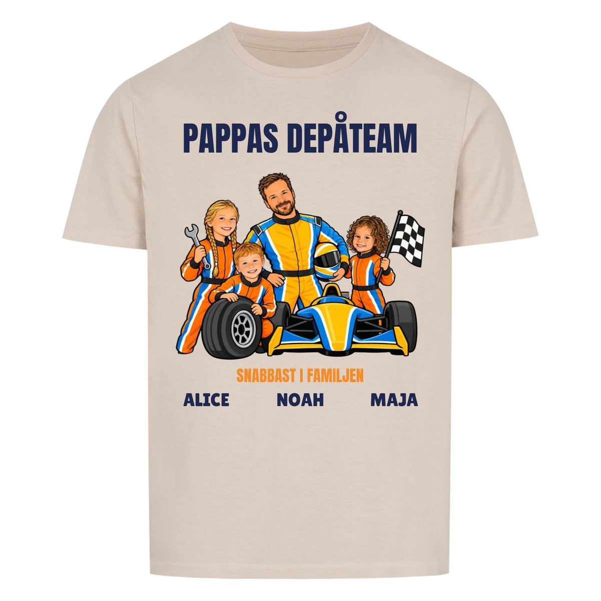 Pappas depåteam t-shirt med ditt foto som tecknad racerförare och barnens namn. Personlig present till pappa