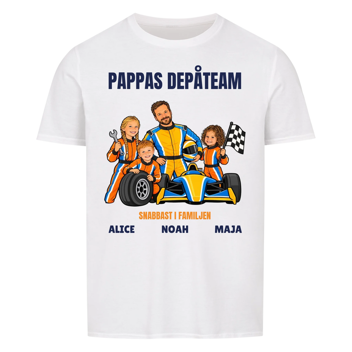 Pappas depåteam t-shirt med ditt foto som tecknad racerförare och barnens namn. Personlig present till pappa