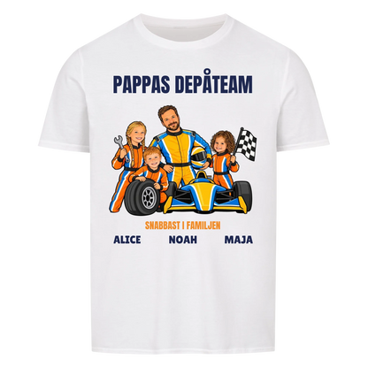 Pappas depåteam t-shirt med ditt foto som tecknad racerförare och barnens namn. Personlig present till pappa