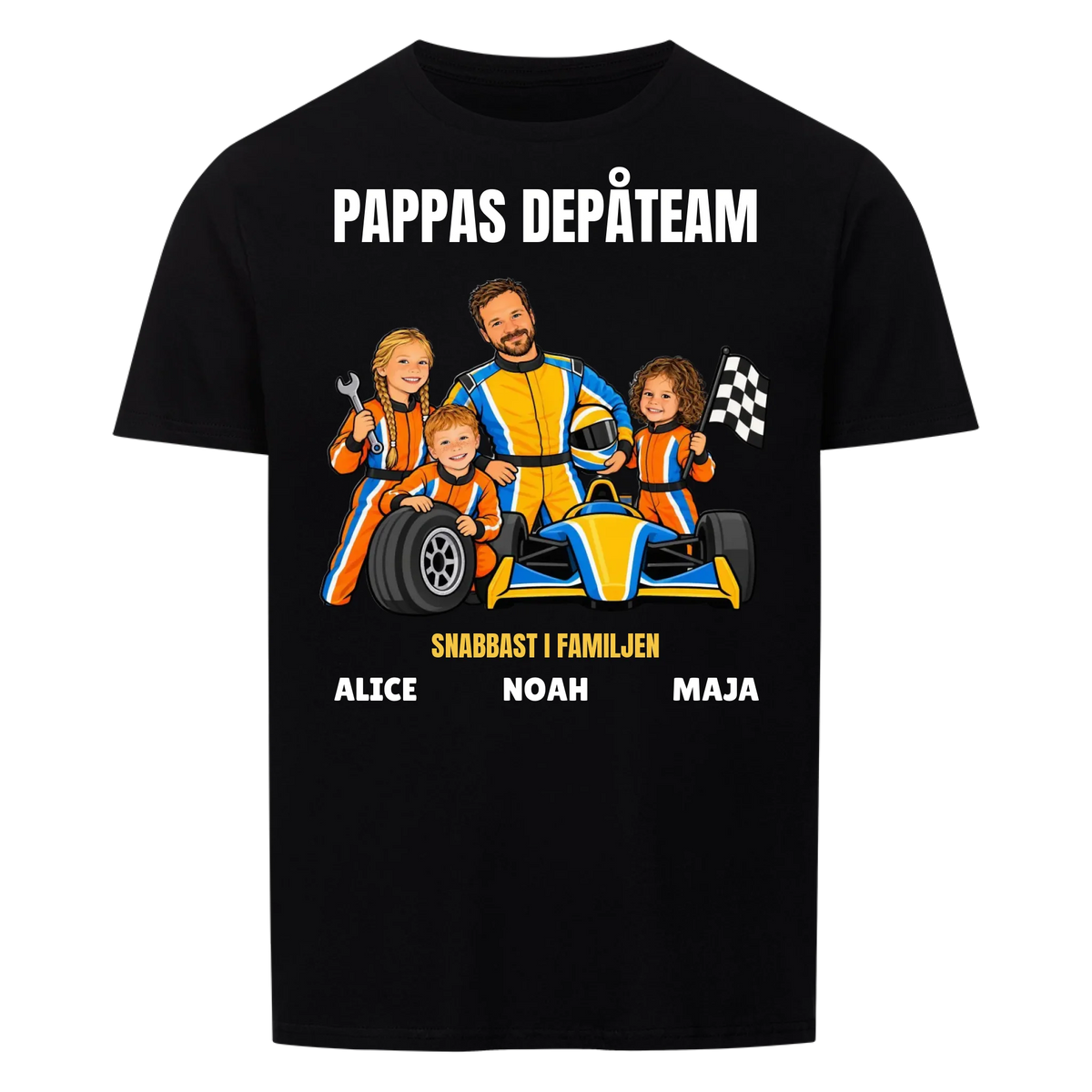 Pappas depåteam t-shirt med ditt foto som tecknad racerförare och barnens namn. Personlig present till pappa
