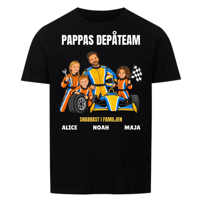 Pappas depåteam t-shirt med ditt foto som tecknad racerförare och barnens namn. Personlig present till pappa