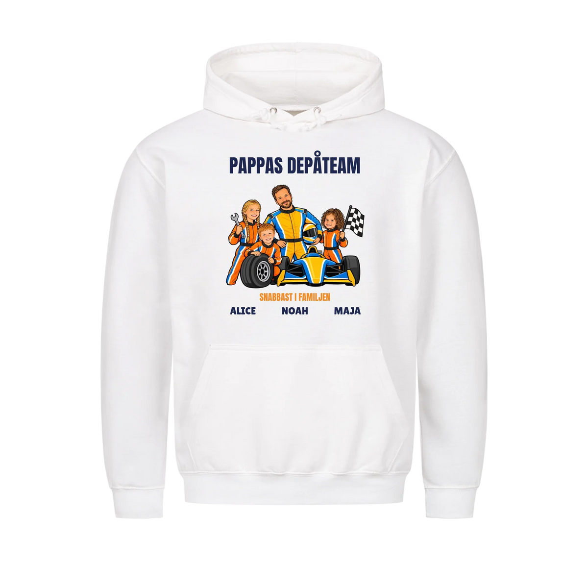 Pappas depåteam t-shirt med ditt foto som tecknad racerförare och barnens namn. Personlig present till pappa