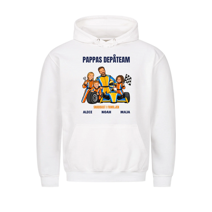 Pappas depåteam t-shirt med ditt foto som tecknad racerförare och barnens namn. Personlig present till pappa