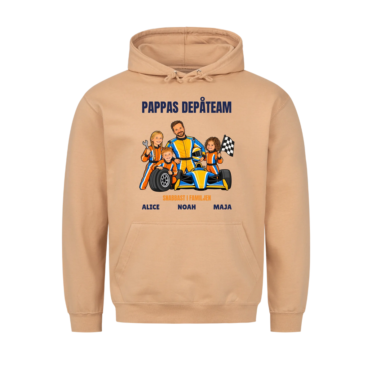 Pappas depåteam t-shirt med ditt foto som tecknad racerförare och barnens namn. Personlig present till pappa