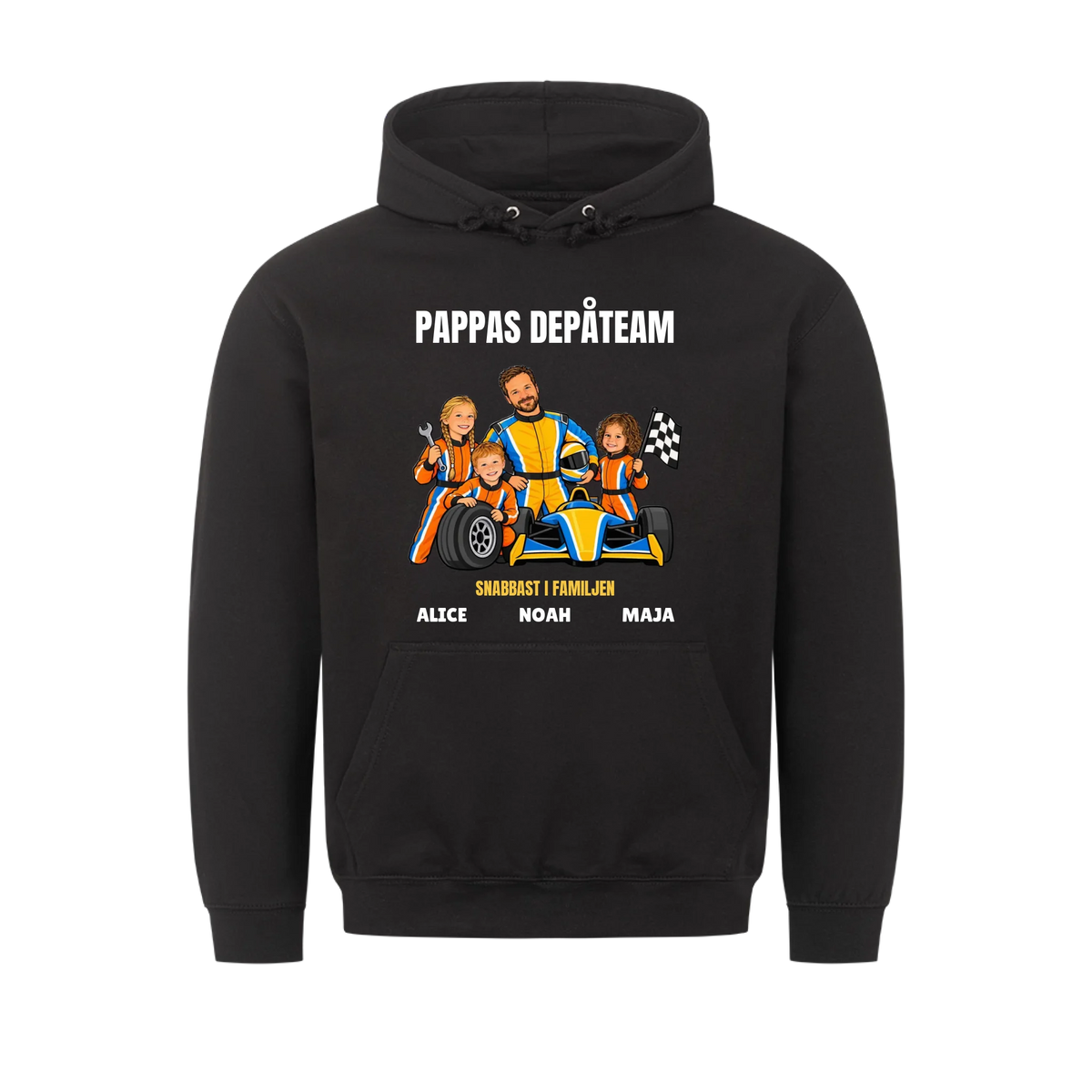 Pappas depåteam t-shirt med ditt foto som tecknad racerförare och barnens namn. Personlig present till pappa