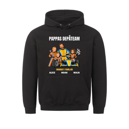 Pappas depåteam t-shirt med ditt foto som tecknad racerförare och barnens namn. Personlig present till pappa