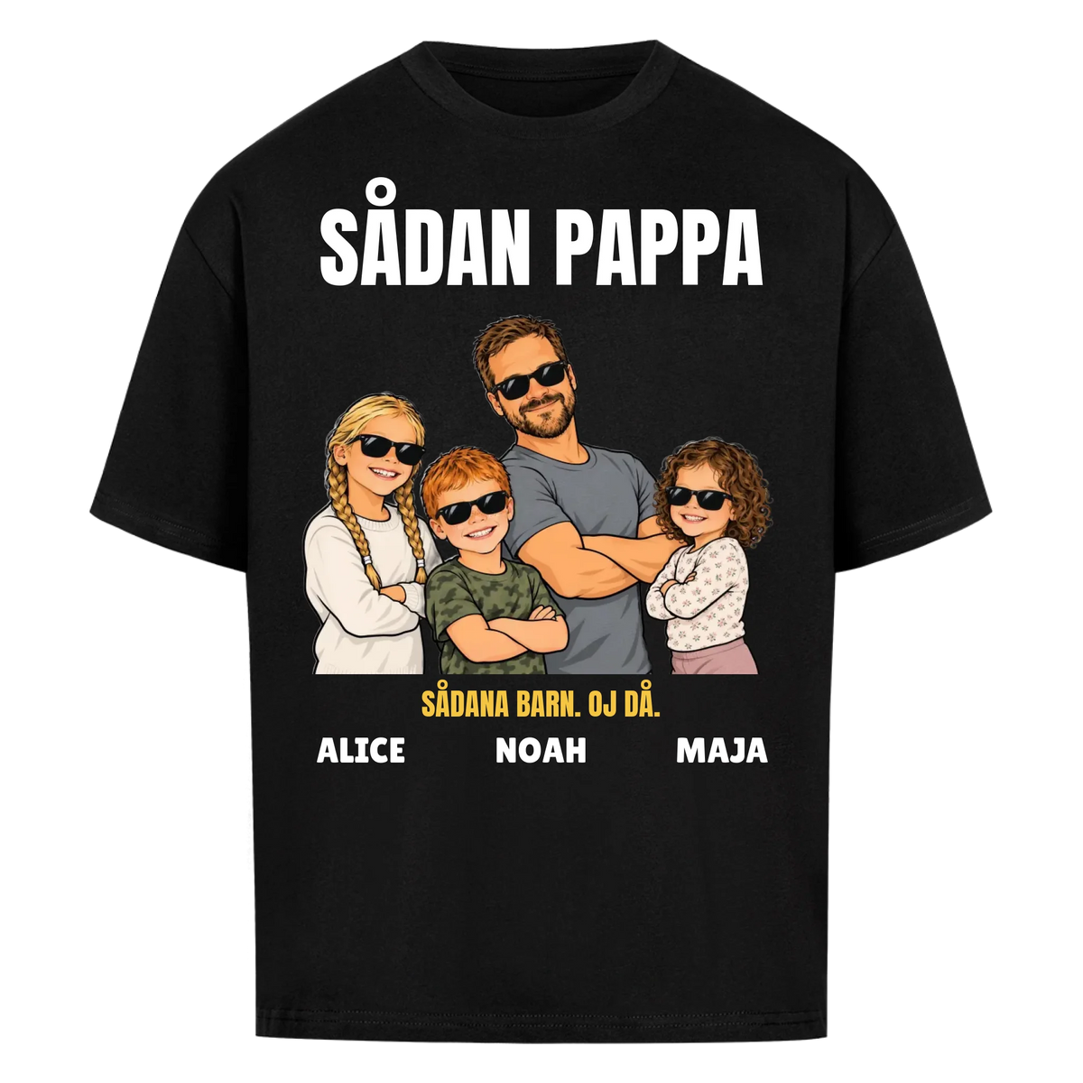 Sådan pappa sådana barn t-shirt med ditt foto som tecknad familj och barnens namn. Rolig present till pappa