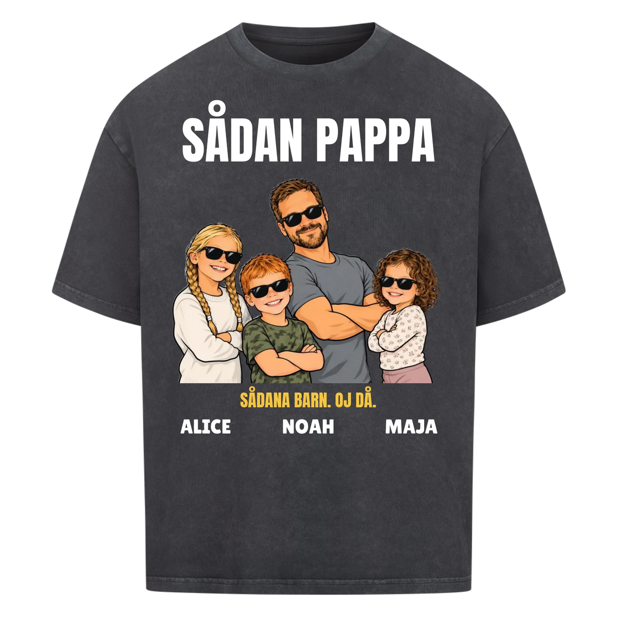 Sådan pappa sådana barn t-shirt med ditt foto som tecknad familj och barnens namn. Rolig present till pappa