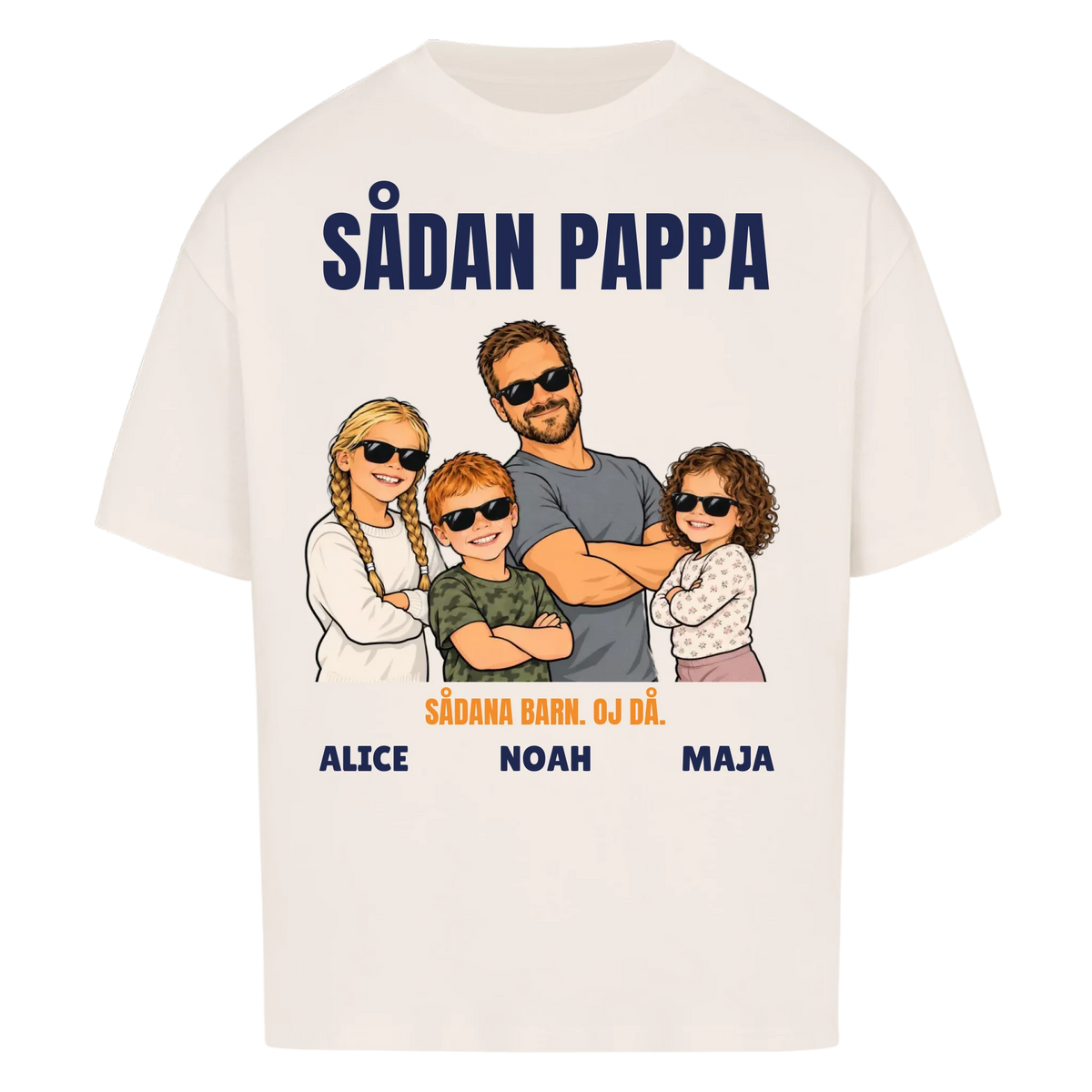 Sådan pappa sådana barn t-shirt med ditt foto som tecknad familj och barnens namn. Rolig present till pappa