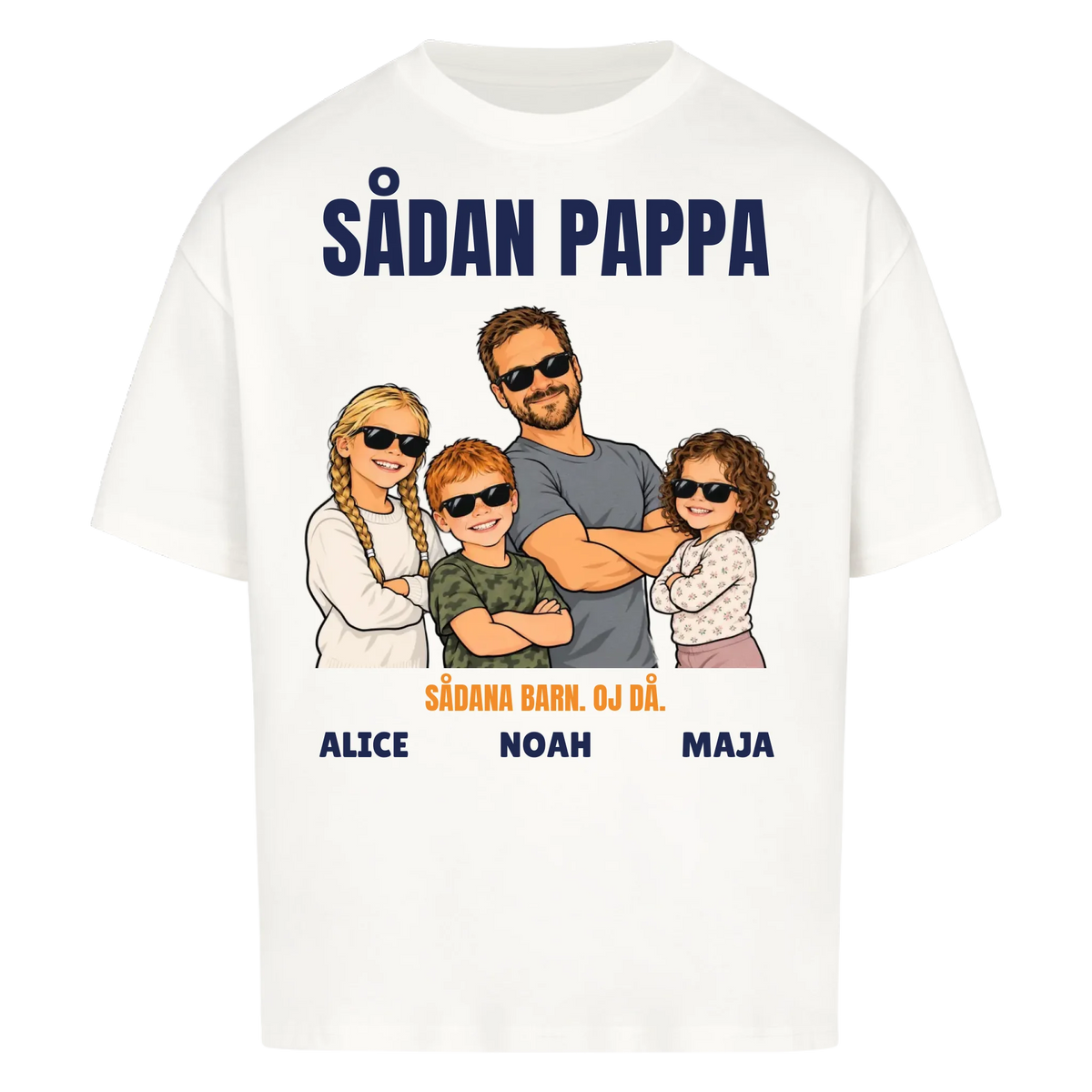 Sådan pappa sådana barn t-shirt med ditt foto som tecknad familj och barnens namn. Rolig present till pappa