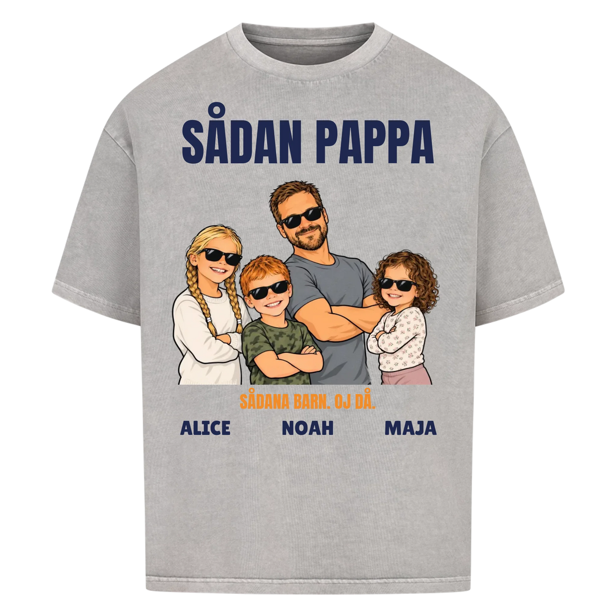 Sådan pappa sådana barn t-shirt med ditt foto som tecknad familj och barnens namn. Rolig present till pappa
