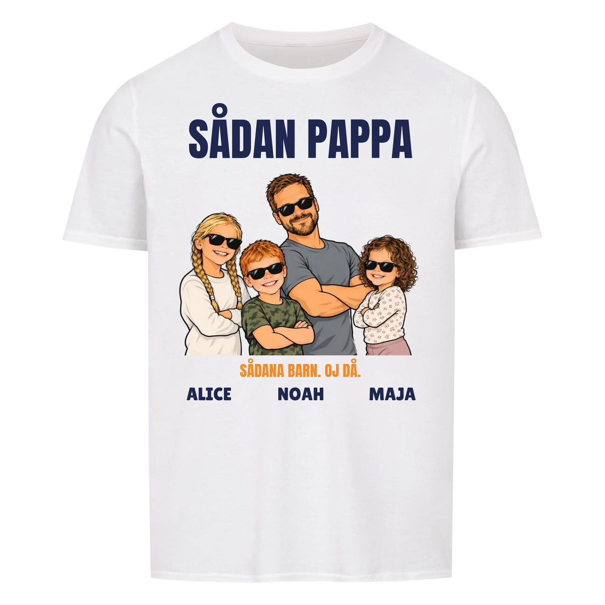 Sådan pappa sådana barn t-shirt med ditt foto som tecknad familj och barnens namn. Rolig present till pappa