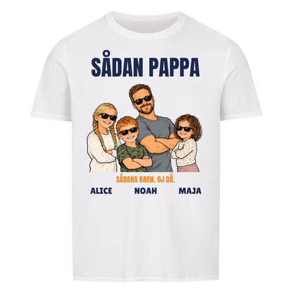 Sådan pappa sådana barn t-shirt med ditt foto som tecknad familj och barnens namn. Rolig present till pappa