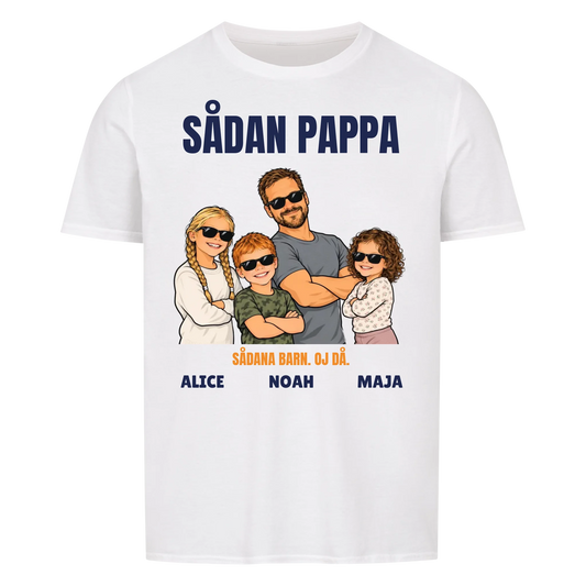 Sådan pappa sådana barn t-shirt med ditt foto som tecknad familj och barnens namn. Rolig present till pappa