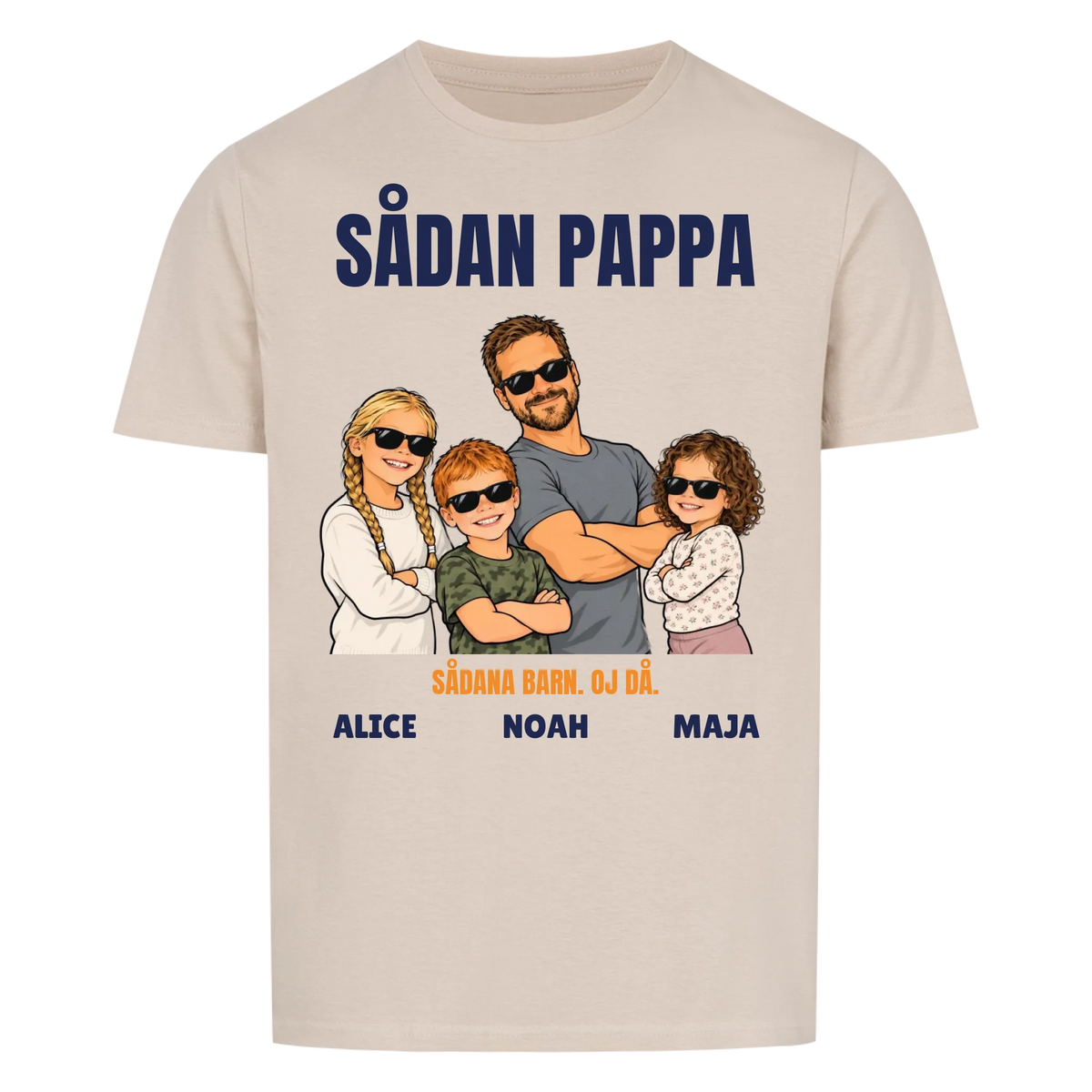 Sådan pappa sådana barn t-shirt med ditt foto som tecknad familj och barnens namn. Rolig present till pappa
