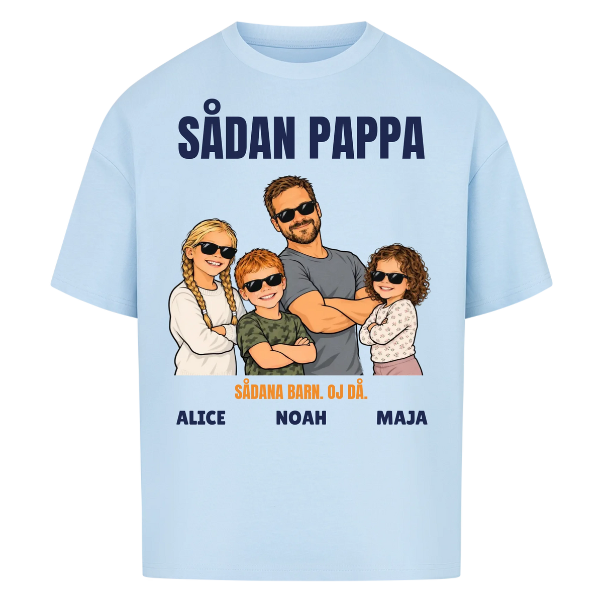 Sådan pappa sådana barn t-shirt med ditt foto som tecknad familj och barnens namn. Rolig present till pappa