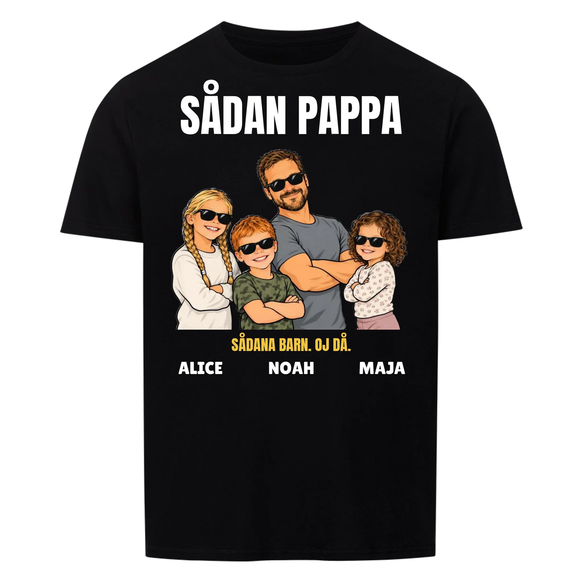 Sådan pappa sådana barn t-shirt med ditt foto som tecknad familj och barnens namn. Rolig present till pappa